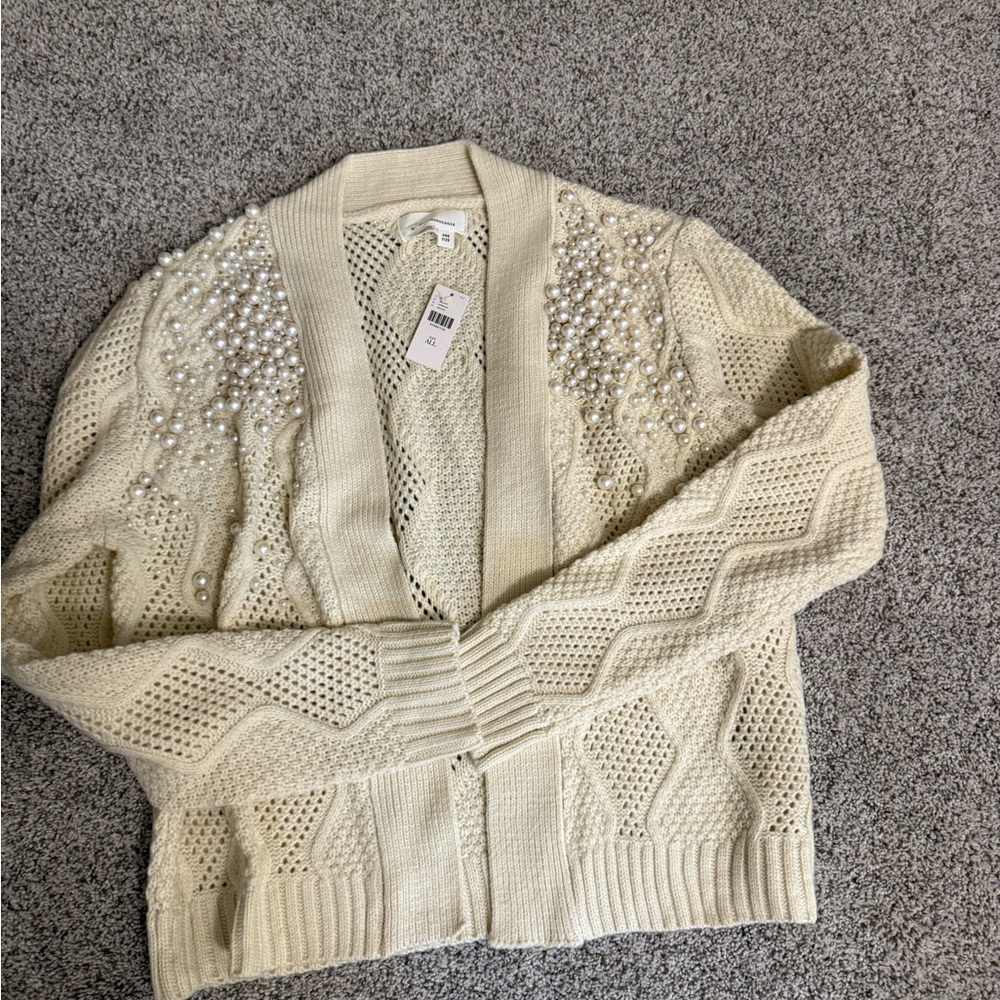 Anthropologie Cream Cardigan with Pearl Accents